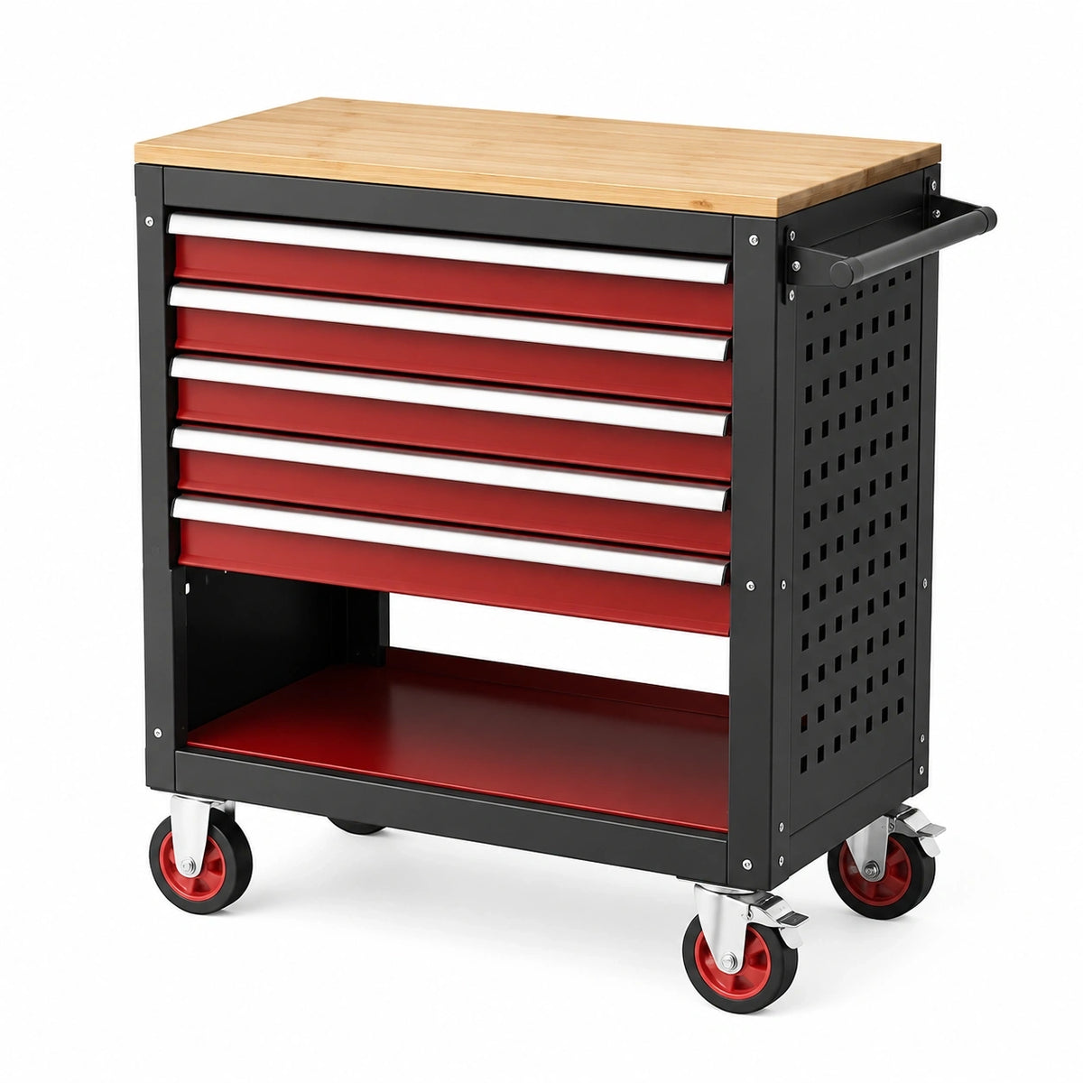 Servante d'atelier 77 x 46 x 96 cm en acier noir rouge avec plateau en bois et 6 tiroirs mobile