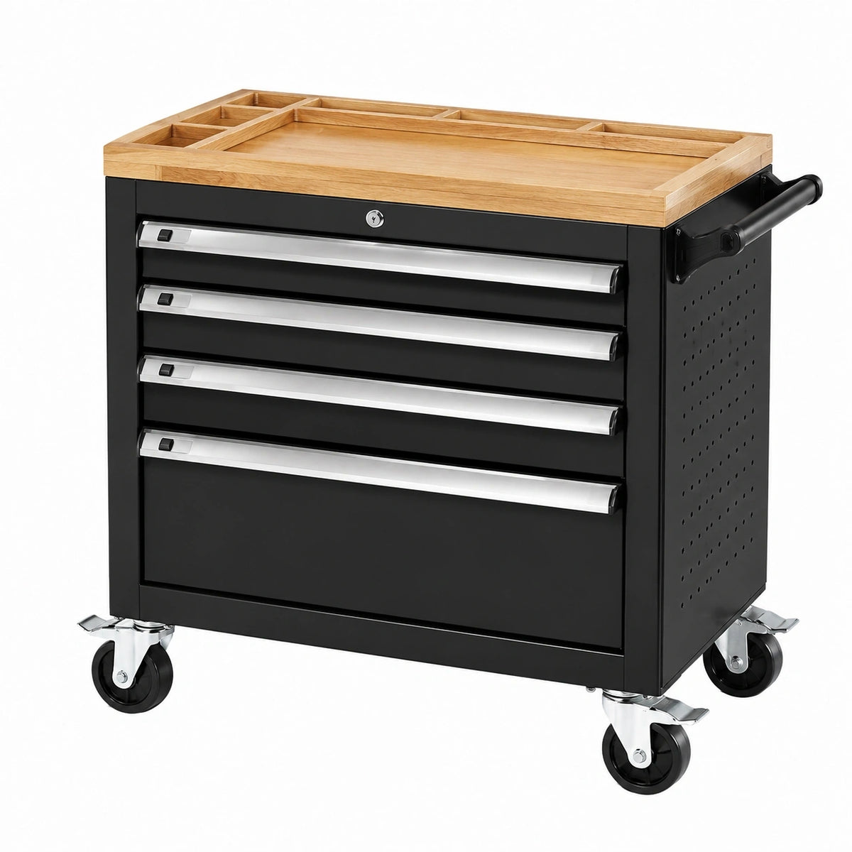 Servante d'atelier 77 x 46 x 97 cm en acier noir avec plateau en bois et 5 tiroirs verrouillables