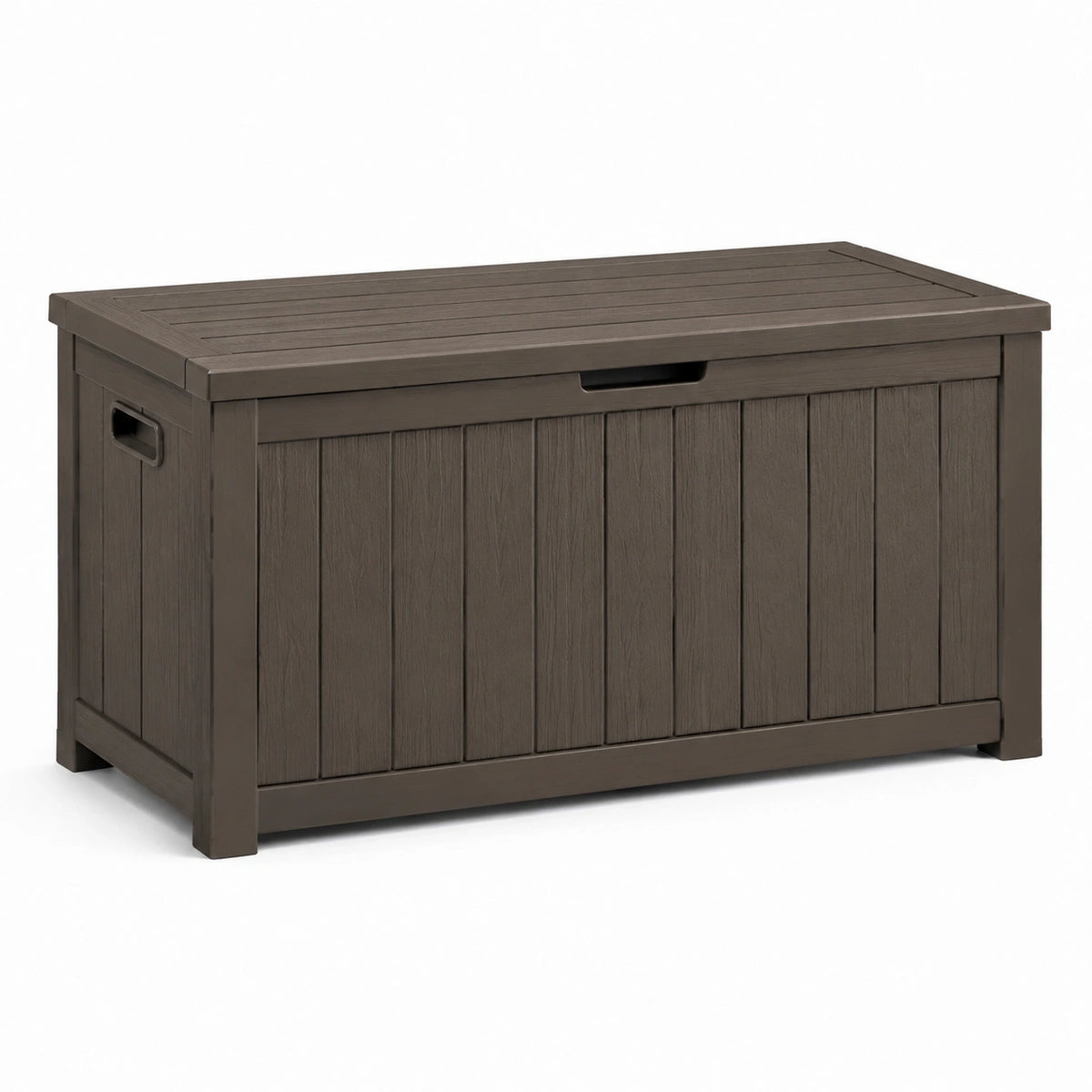 Coffre de rangement extérieur 121 x 63 x 64 cm en résine brun effet bois avec couvercle