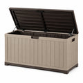 Coffre de rangement extérieur 150 x 75 x 85 cm en résine beige et marron avec couvercle assisté