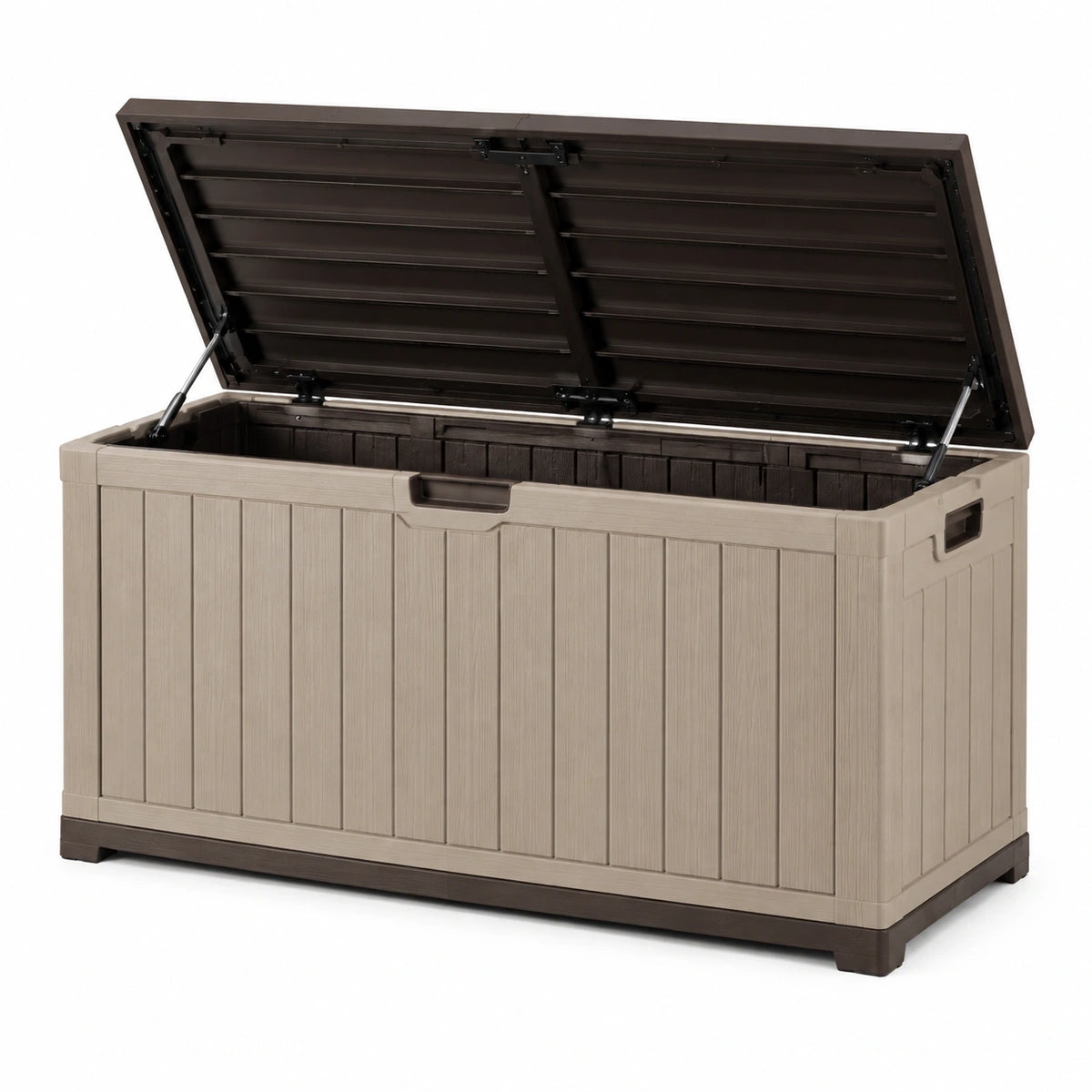 Coffre de rangement extérieur 150 x 75 x 85 cm en résine beige et marron avec couvercle assisté