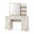 Coiffeuse 120 x 45 x 150 cm blanche en panneaux de bois avec miroir et rangement style contemporain