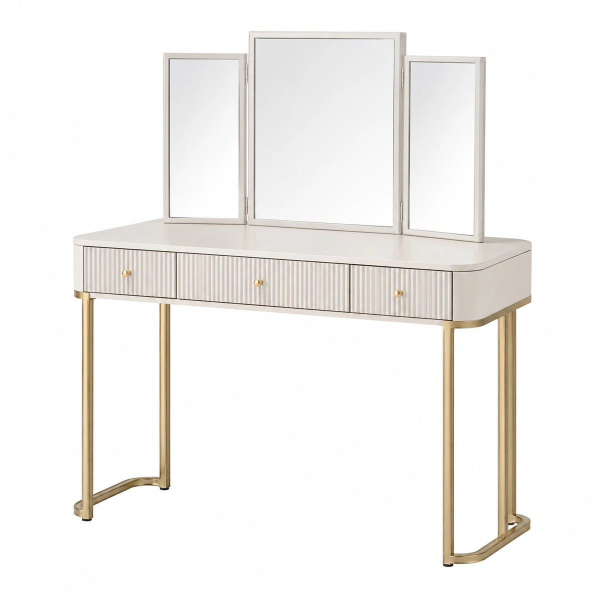 Coiffeuse 120 x 45 x 145 cm blanc et doré avec miroir triptyque et 3 tiroirs