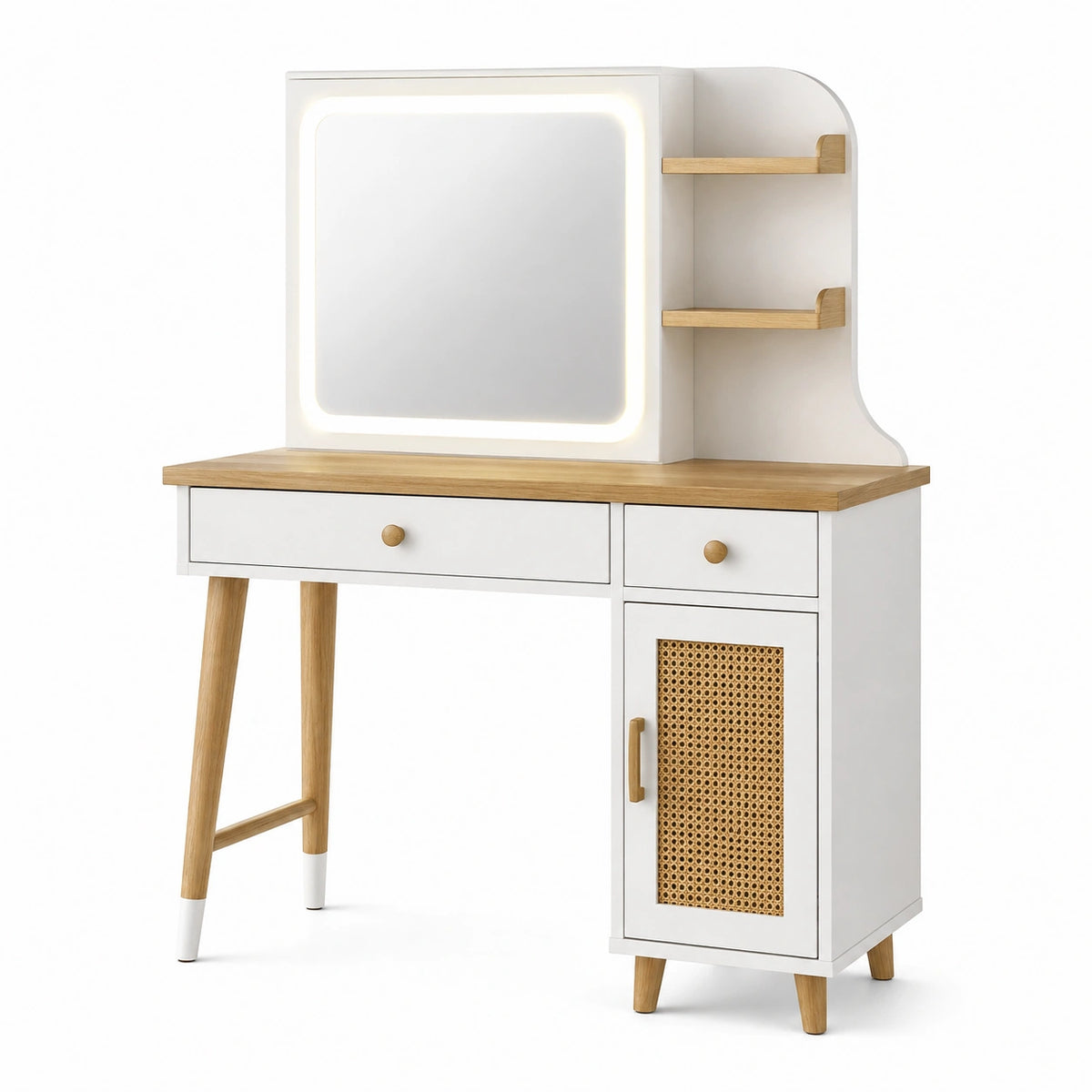 Coiffeuse 100 x 45 x 150 cm blanche et bois avec miroir éclairé rangement style scandinave