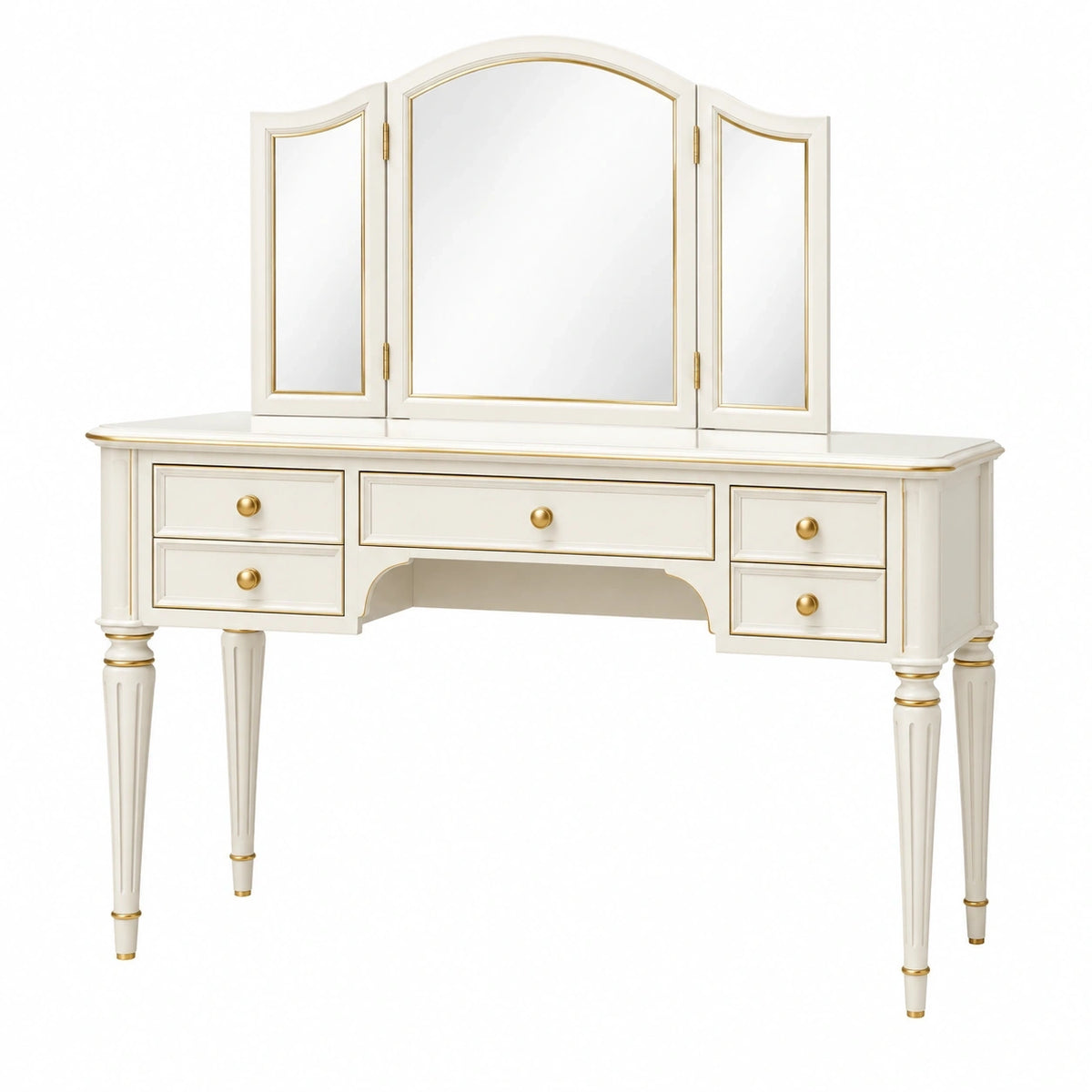 Coiffeuse 120 x 45 x 160 cm en bois blanc et doré avec miroir triptyque classique