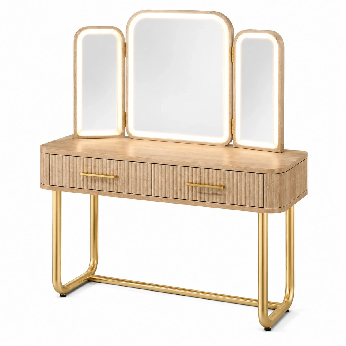 Coiffeuse 120 x 45 x 145 cm finition bois beige avec miroir éclairé style moderne