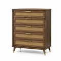 Commode 90 x 45 x 110 cm en bois brun avec cannage naturel style rétro à 5 tiroirs