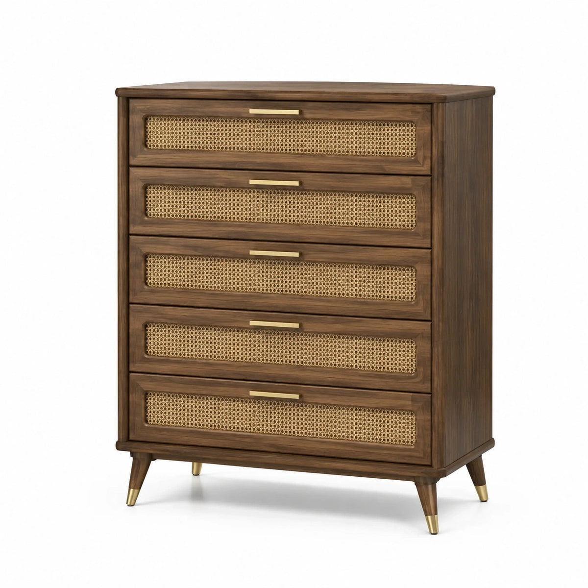 Commode 90 x 45 x 110 cm en bois brun avec cannage naturel style rétro à 5 tiroirs
