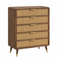 Commode 90 x 45 x 120 cm en bois brun et cannage naturel à 5 tiroirs style rétro