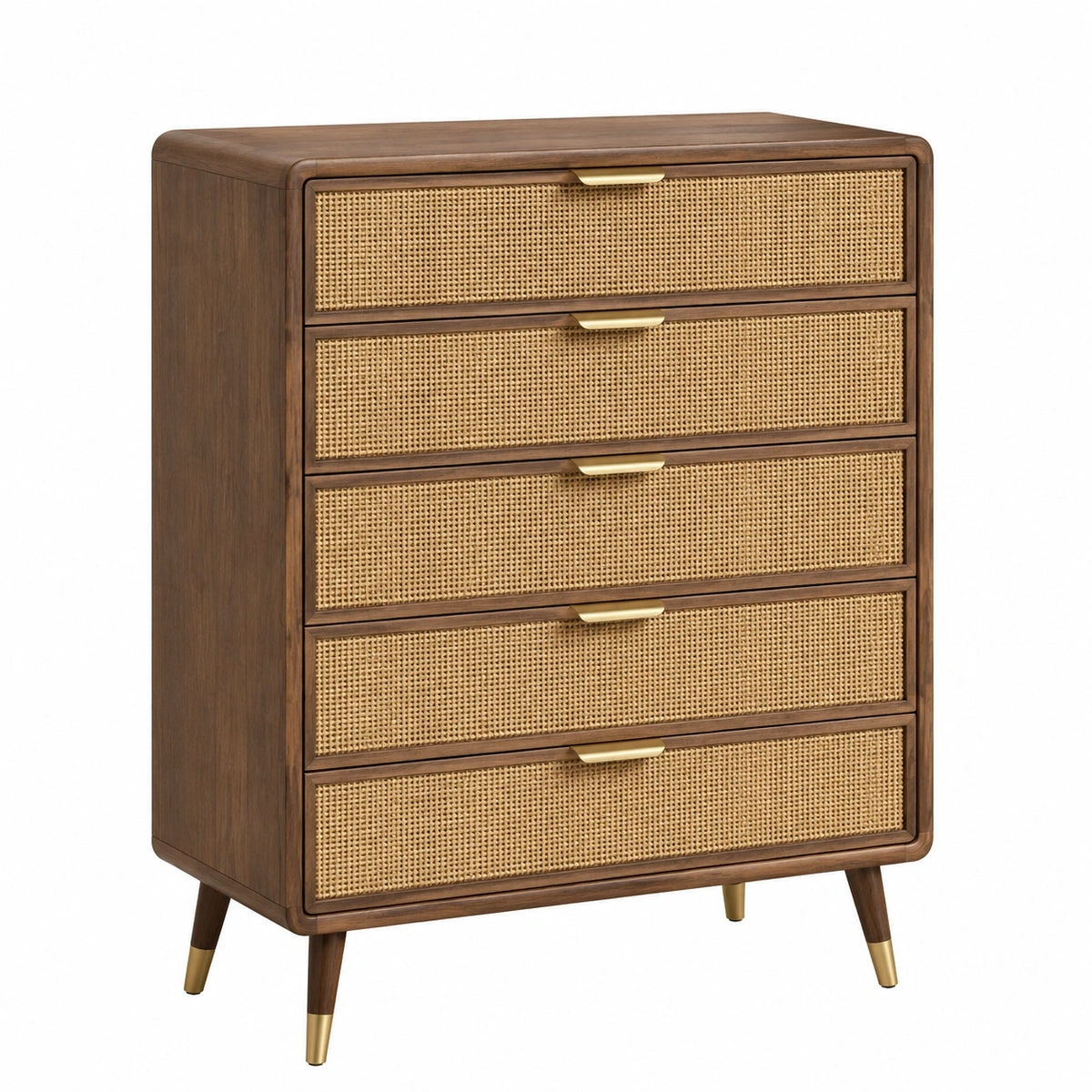 Commode 90 x 45 x 120 cm en bois brun et cannage naturel à 5 tiroirs style rétro