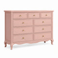 Commode en bois rose de style classique avec 9 tiroirs, dimensions 150x45x100 cm, marque Asqelvon, visible en image.