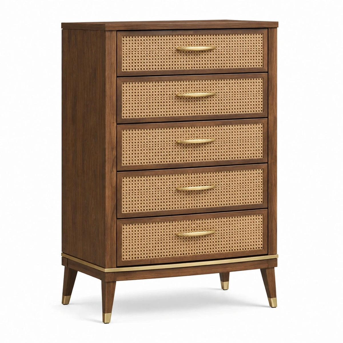 Commode 90 x 45 x 140 cm en bois marron et cannage à 5 tiroirs style vintage