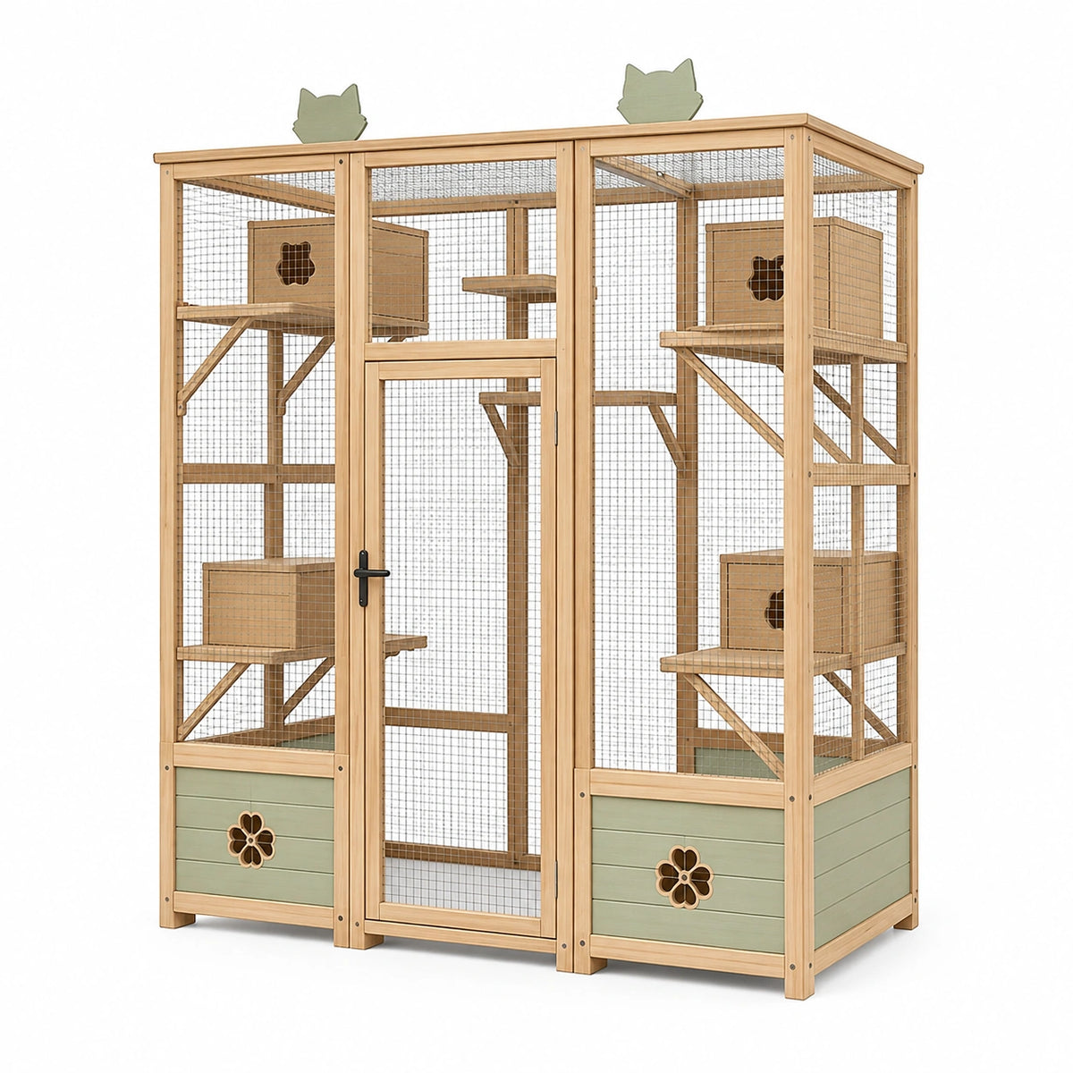 Chatterie 180 x 90 x 200 cm en bois naturel et métal vert sauge avec plateformes et niches