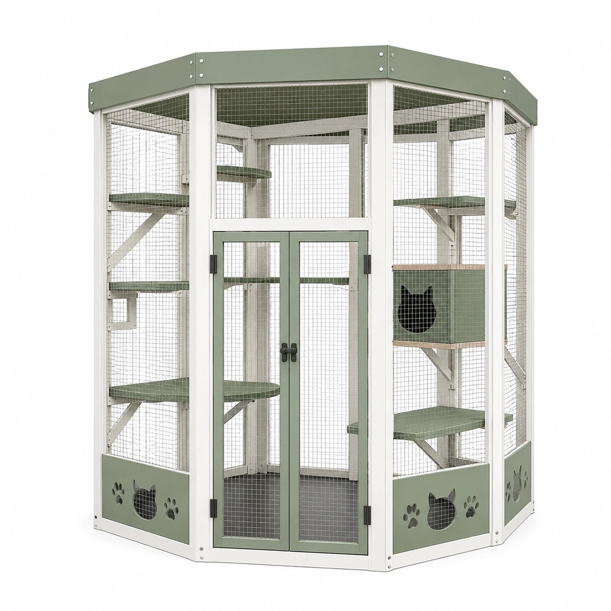Enclos pour chat 120 x 120 x 180 cm en bois et métal vert blanc avec plateformes