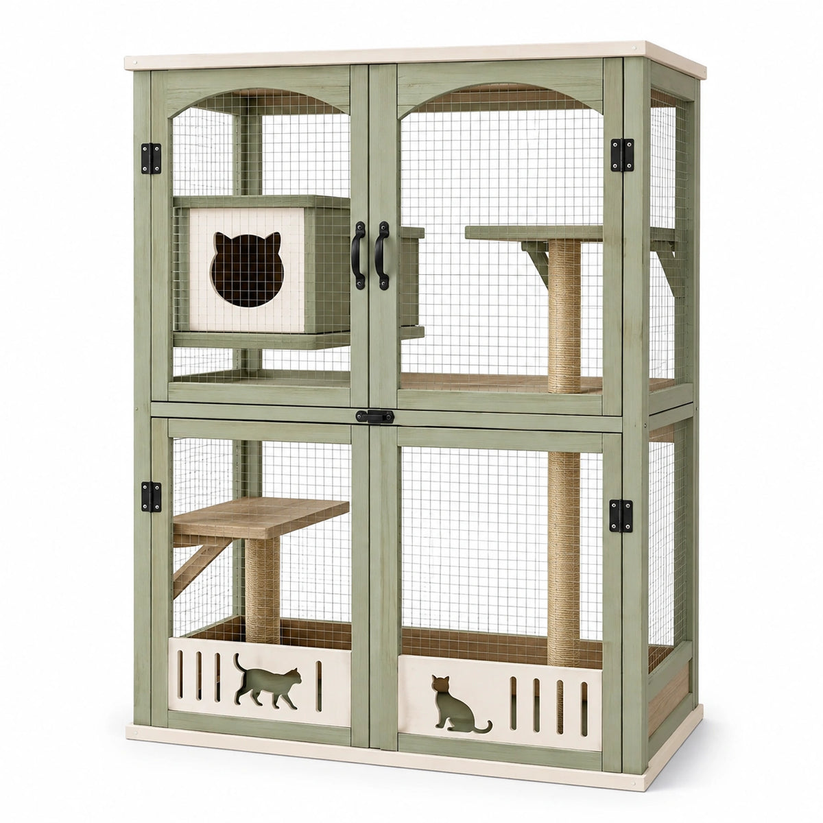 Enclos pour chat 105 x 60 x 150 cm en bois vert avec grillage et griffoirs