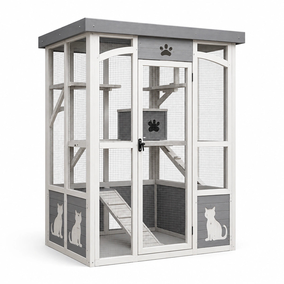 Enclos extérieur pour chat 100 x 80 x 180 cm en bois et grillage gris blanc avec plateformes