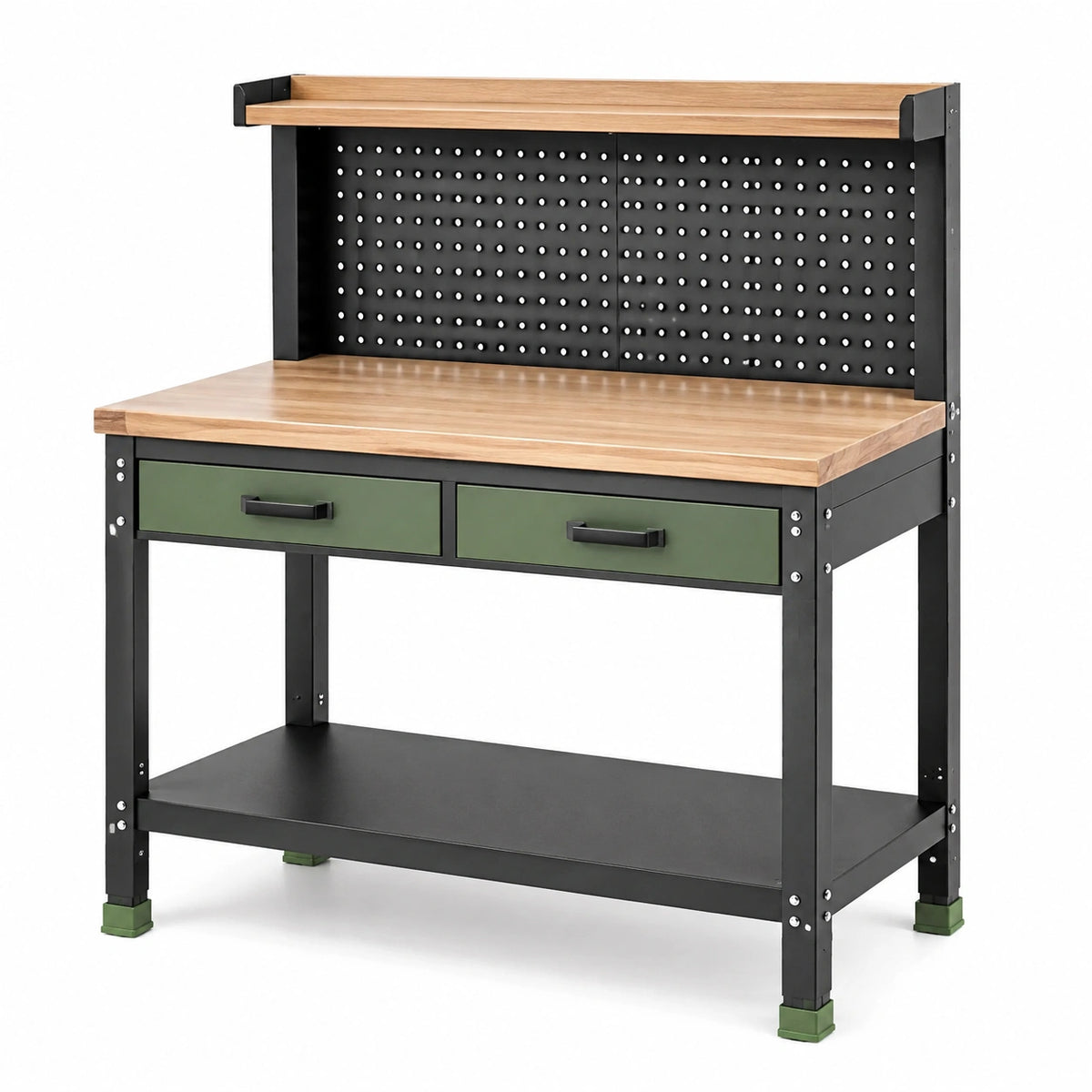 Établi d'atelier 120 cm en acier et bois marron noir vert avec panneau perforé et tiroirs