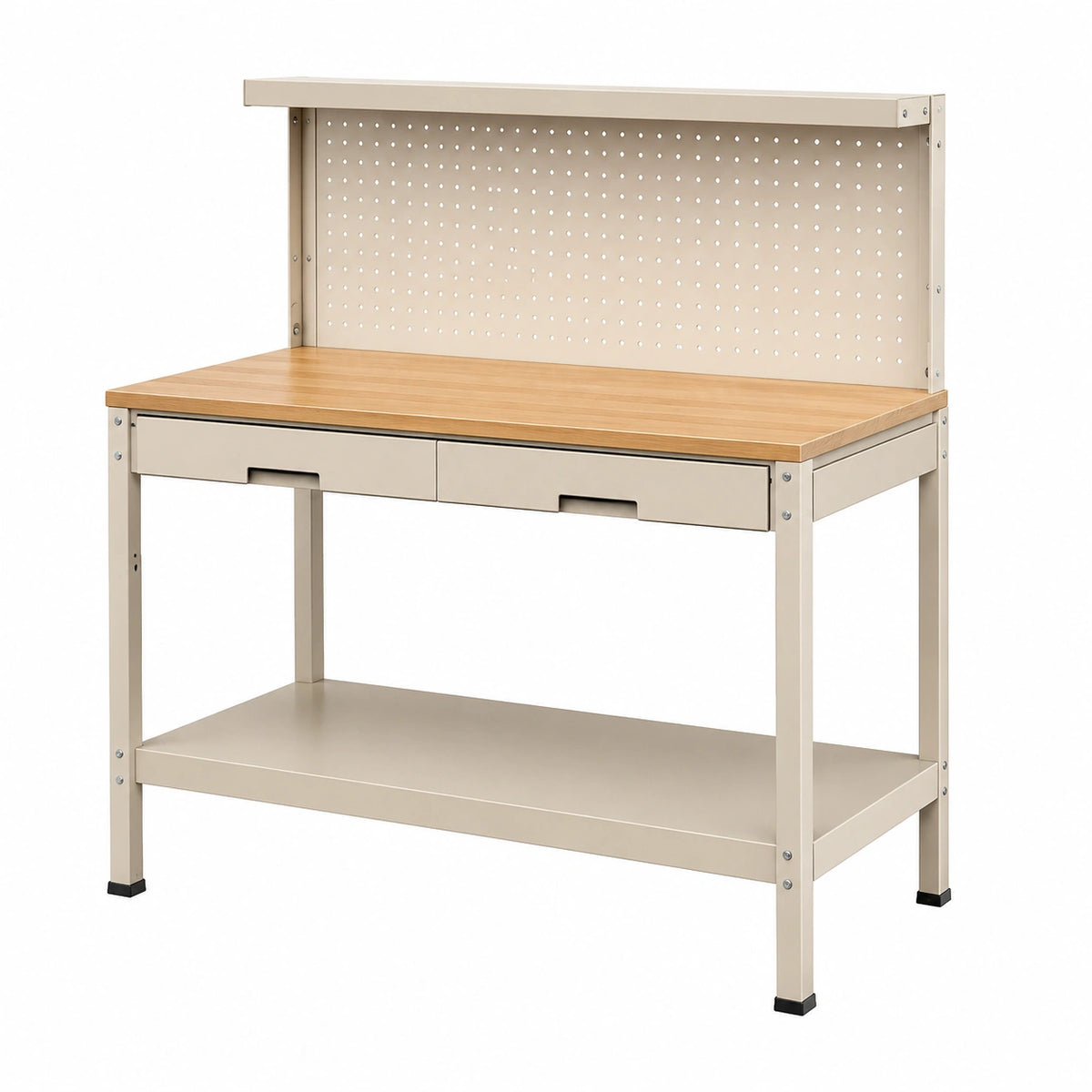 Établi 120 x 60 x 150 cm en acier beige et bambou avec panneau perforé et tiroirs