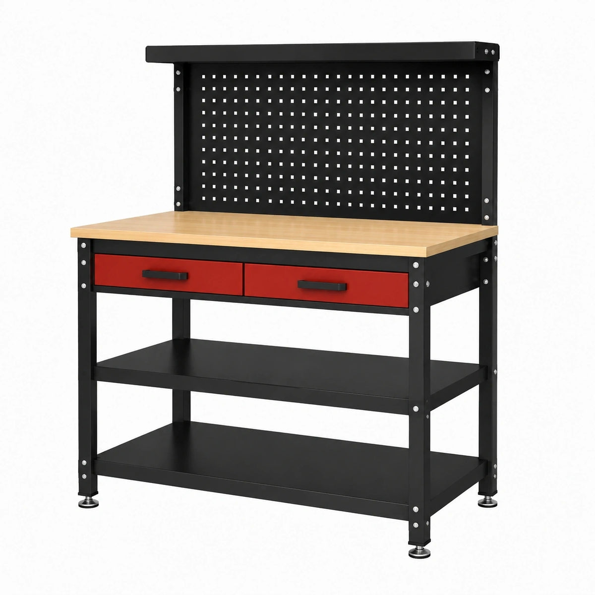 Établi d'atelier 120 x 60 x 160 cm acier noir rouge plateau bois avec rangement