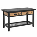 Établi 120 x 60 x 90 cm en acier noir et panneaux aspect bois avec 2 tiroirs style industriel